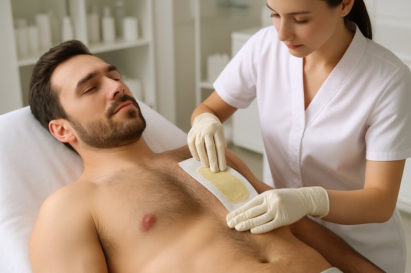 immagine di un uomo che si fa depilare il petto