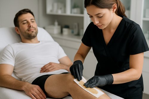 depilazione maschile: immagine di un uomo che si fa depilare le gambe